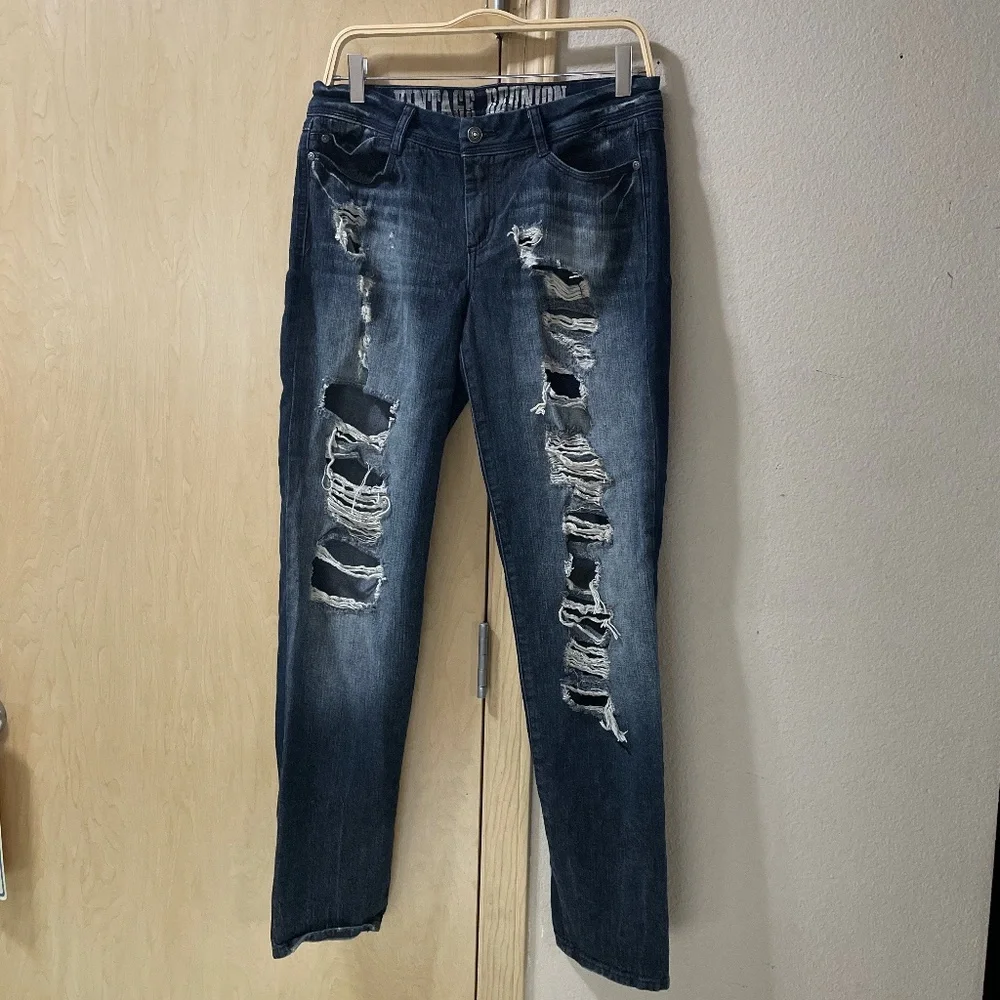Women 11/12 Vintage Reunion High Distressed Ripped Jeans Factory Ripped - Picture 1 of 7